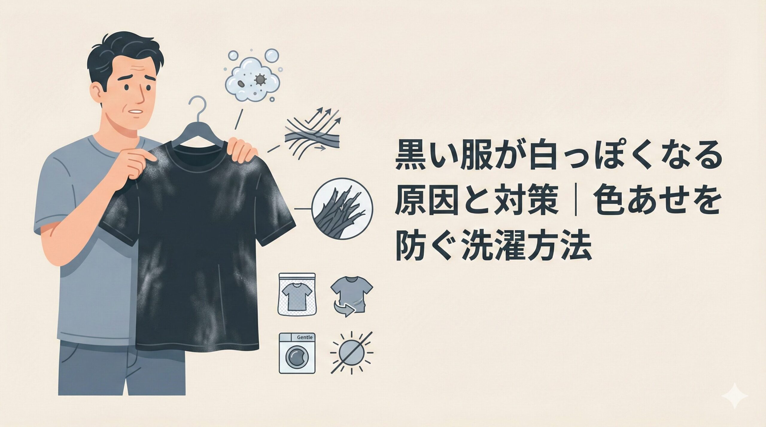 黒い服が白っぽくなる原因と対策｜色あせを防ぐ洗濯方法のアイキャッチ
