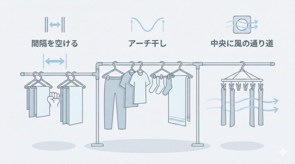 乾きを早める干し方｜間隔・アーチ干し・中央スペースの見出し画像