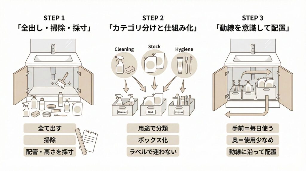 週末に一気に片付ける洗面台下を再生する3つの手順の見出し画像
