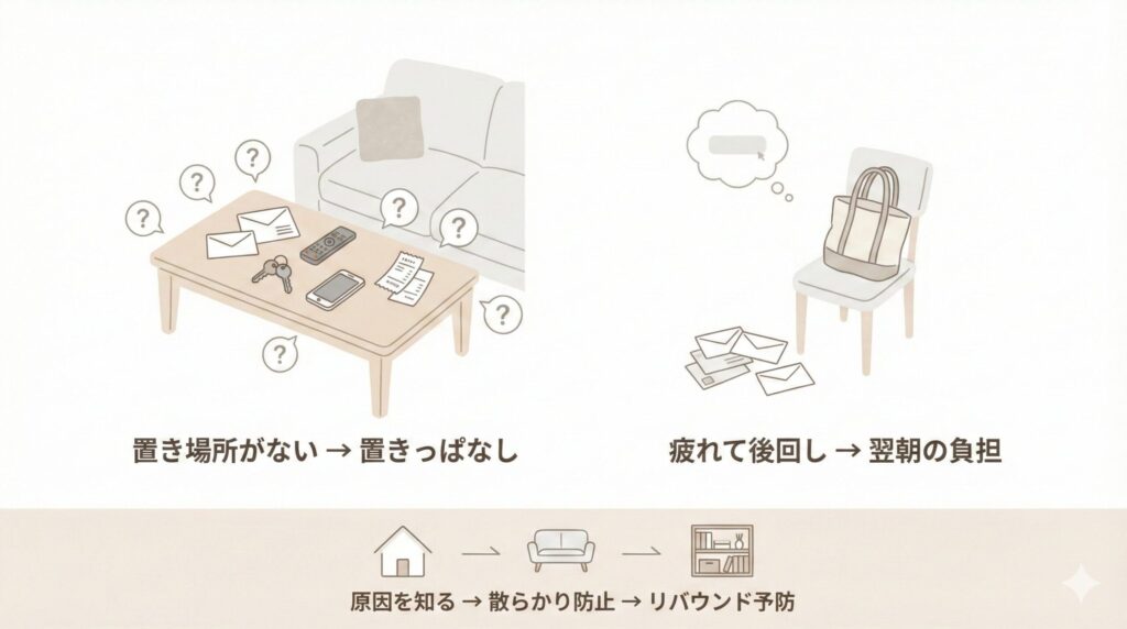 なぜリビングは散らかりやすいのか？原因を知ってリバウンドを防ぐの見出し画像