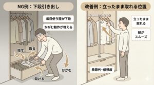 【NG例】使用頻度の高い服を引き出しの下段に入れているの図解