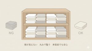 オープン棚ならフレンチ折り（ホテル折り）の図解