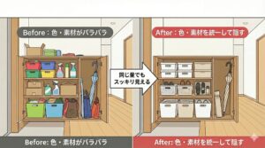 生活感が出る小物は「色と素材を統一」して隠すの図解