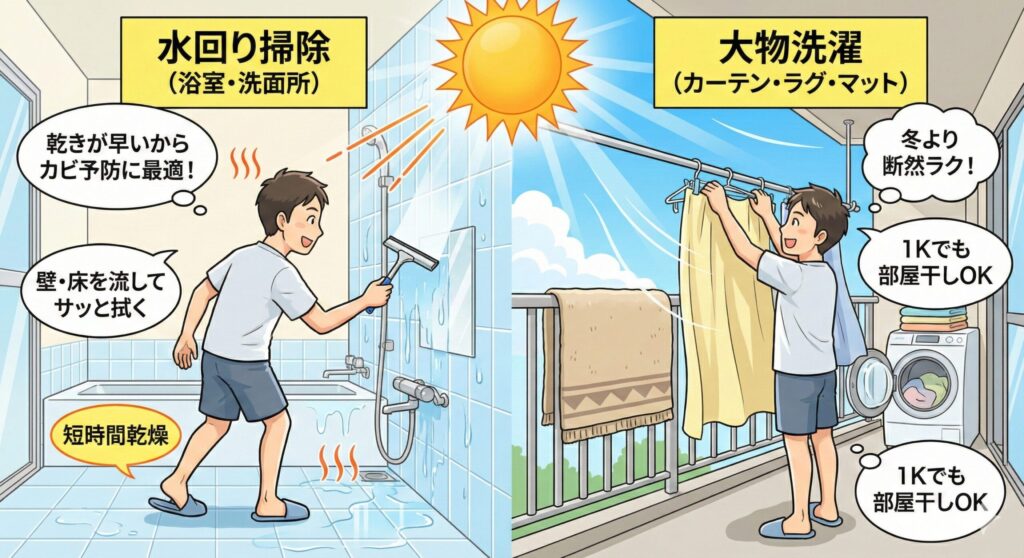 夏（6〜8月）：乾きやすい時期に水回りと大物洗濯の図解
