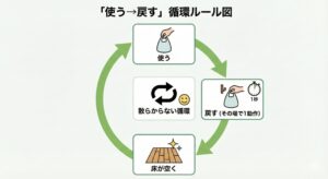 ルール③ 「1動作（ワンアクション）」で戻せる場所に置くの図解